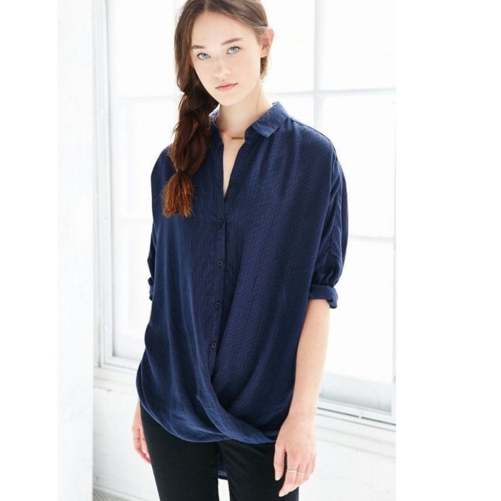 BDG Wrap Surplice Structure Button Navy Top XS New